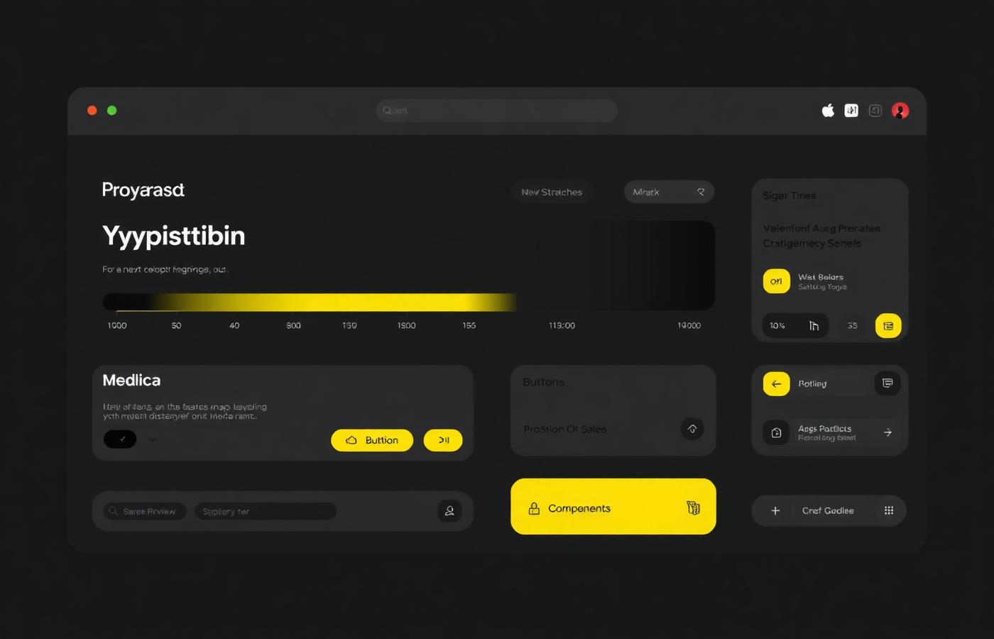 Dark design system board showing type scale, yellow accent swatches and component states