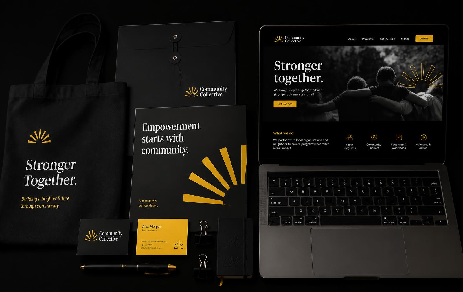 Kindred brand system shown across stationery, tote bag and website on a dark surface