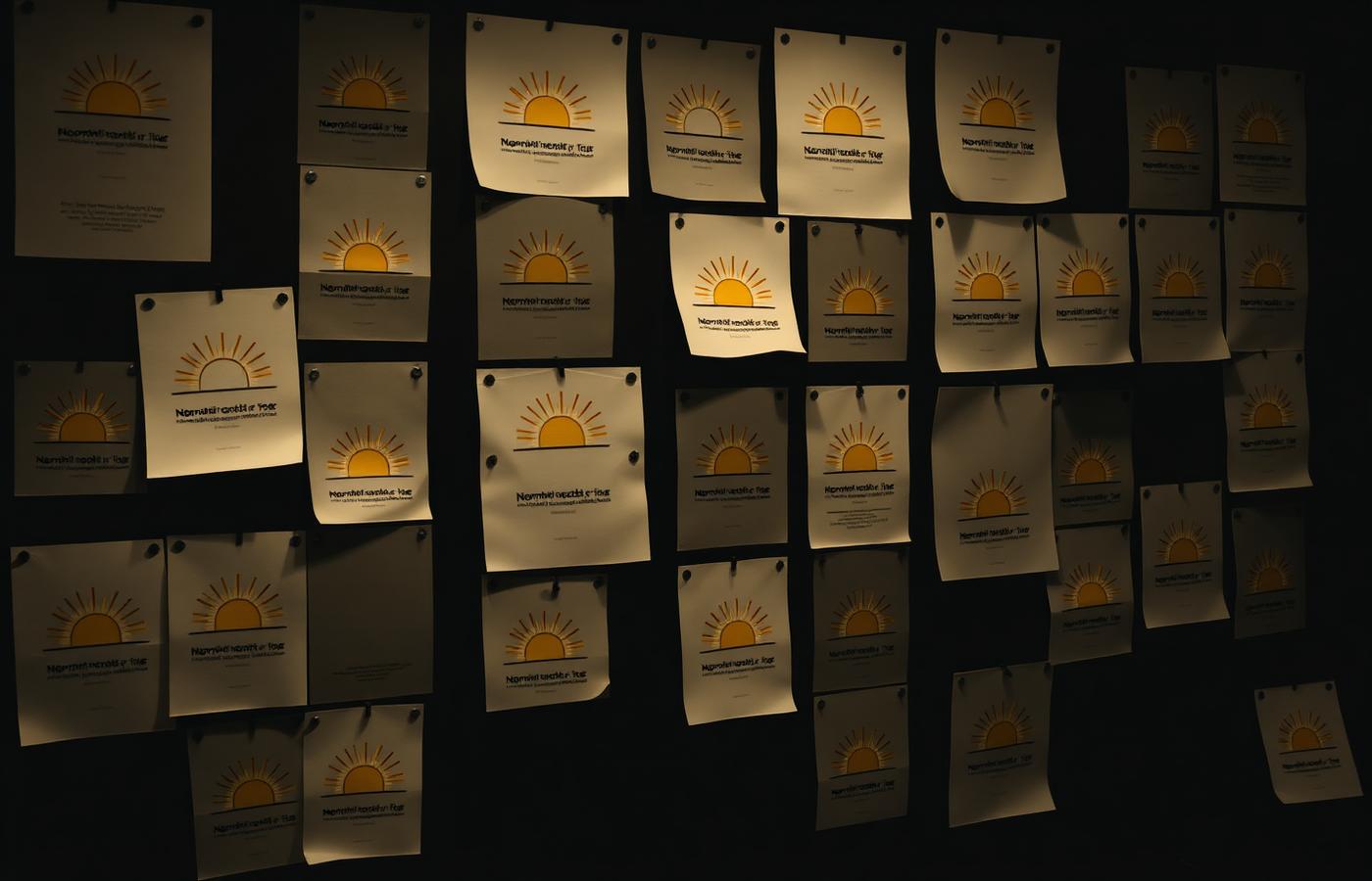 Wall of printed nonprofit logo explorations showing many sunrise and ray mark variations