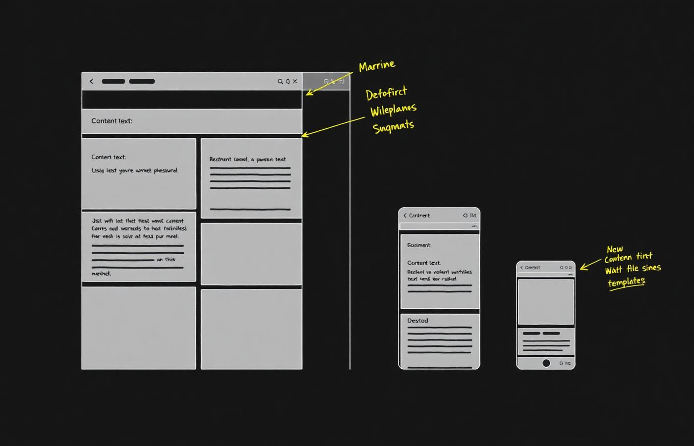 Grey content-first website wireframes for desktop and mobile with yellow annotation notes on a dark background