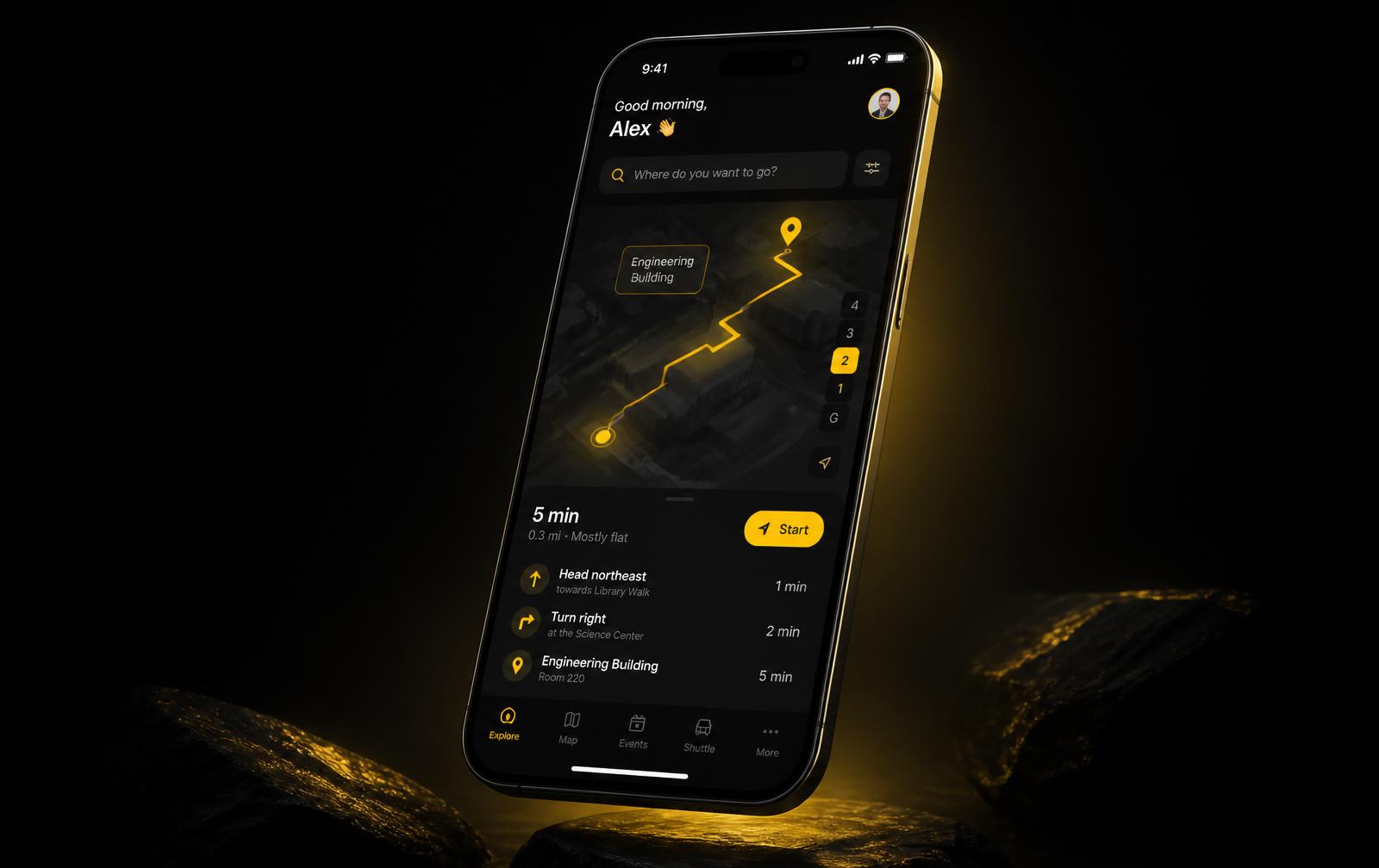 Ọna wayfinding app shown on a phone with a glowing yellow route across a campus map