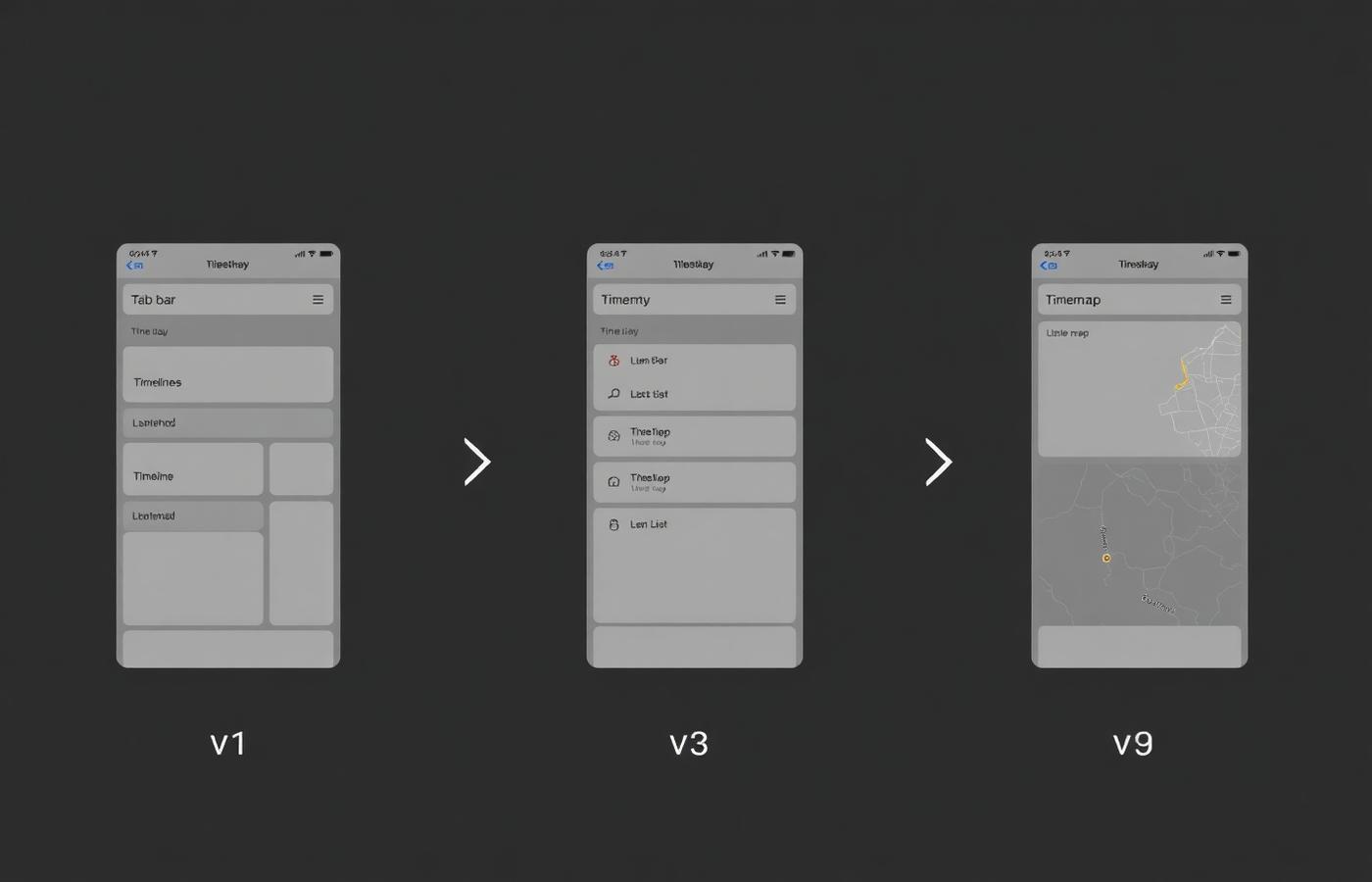 Three mobile screen iterations side by side showing navigation evolving from tabs to timeline with inline map