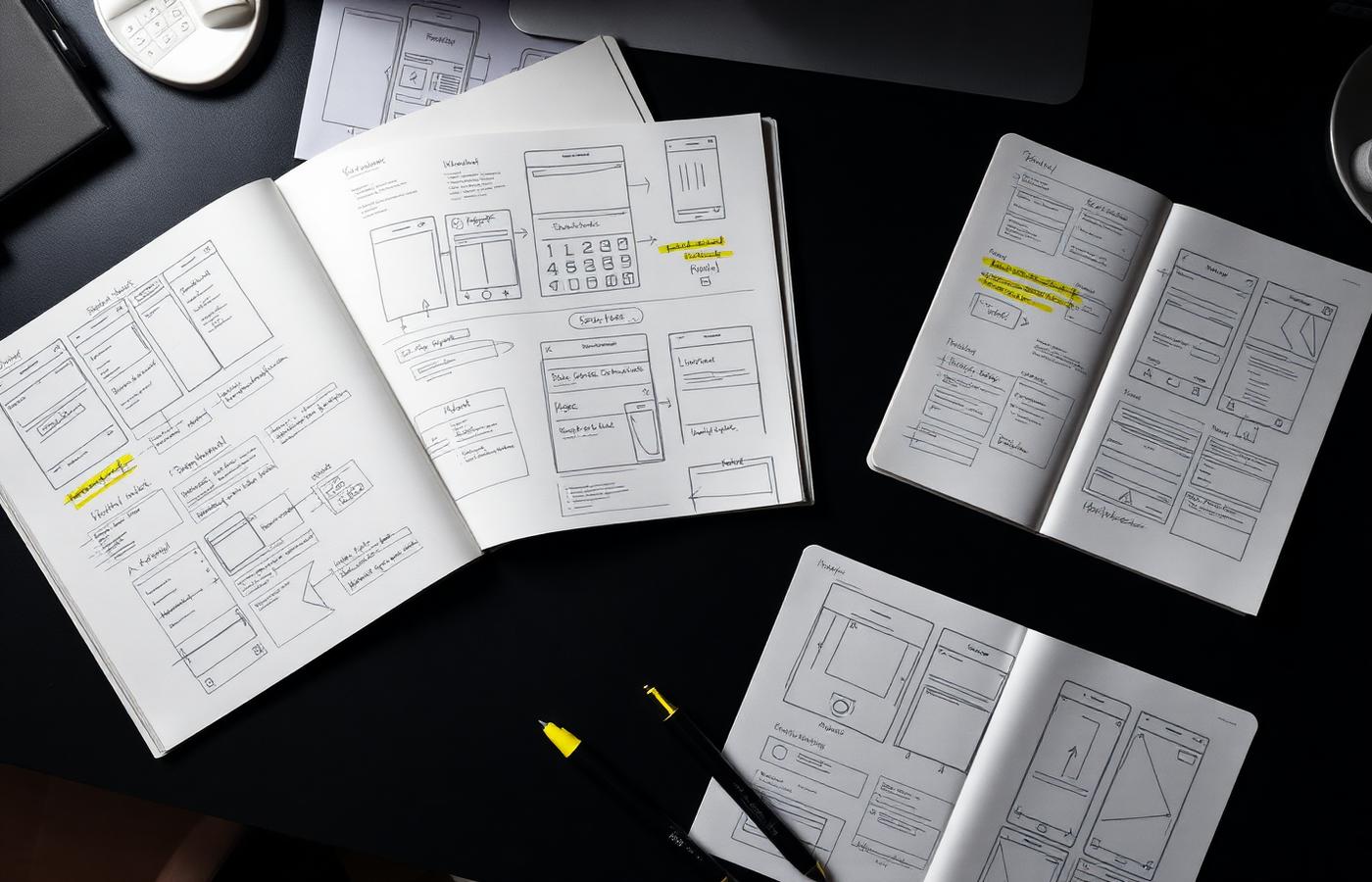 Open sketchbooks on a dark desk covered in hand-drawn mobile wireframes with yellow highlighter notes