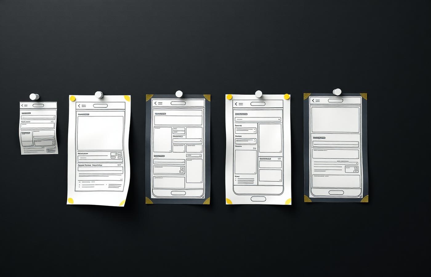 Row of low-fidelity mobile wireframe sketches pinned on a dark wall with yellow markers