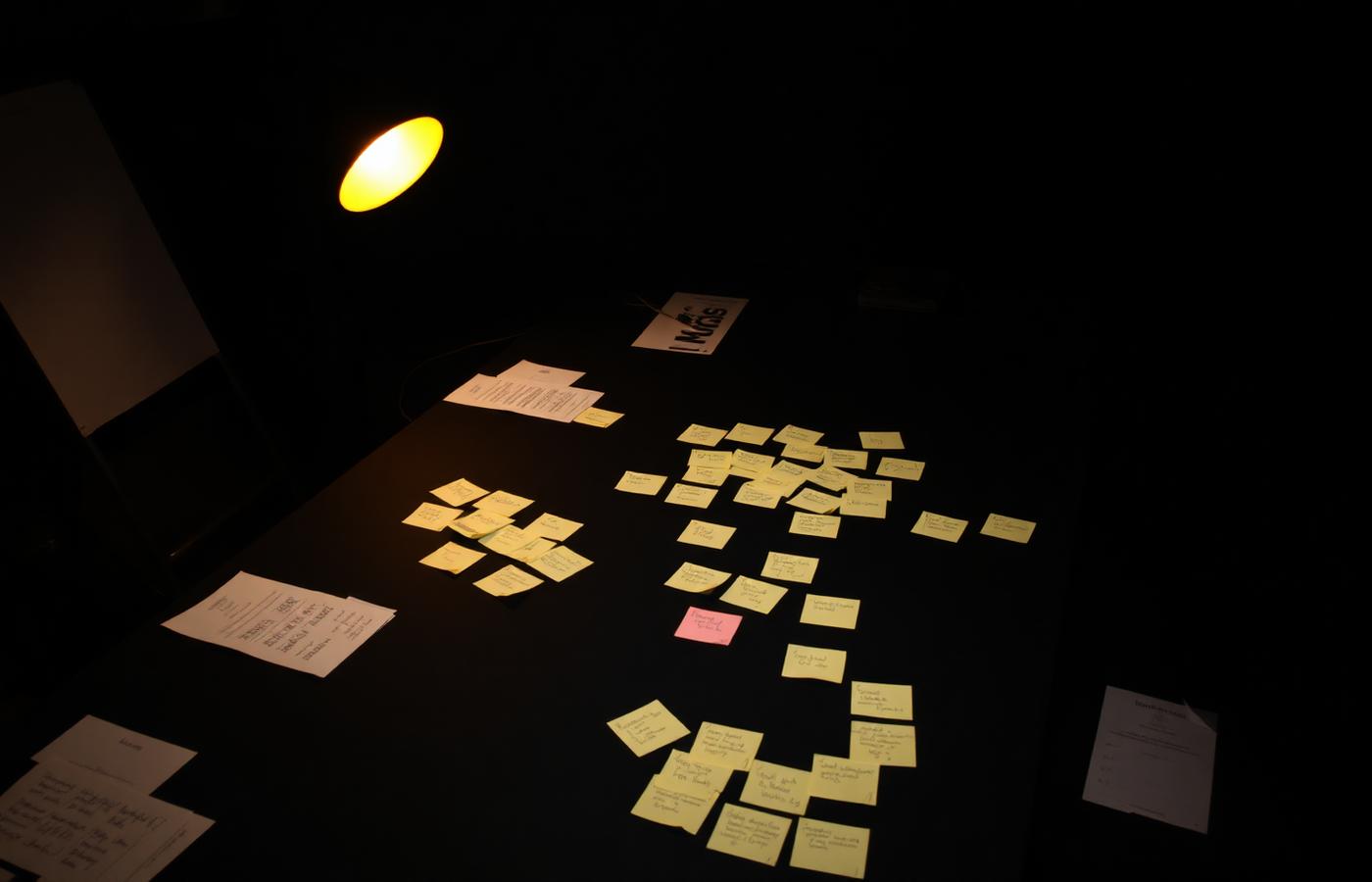 Affinity mapping session with clustered sticky notes on a dark table under warm lamp light