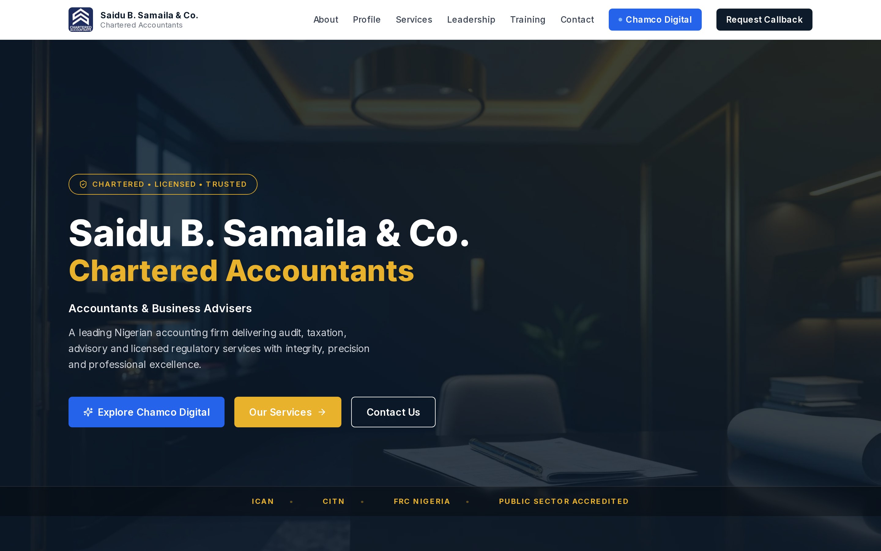 Homepage of sbsamailaaccountants.com showing the firm name over a dark office interior with a yellow accent