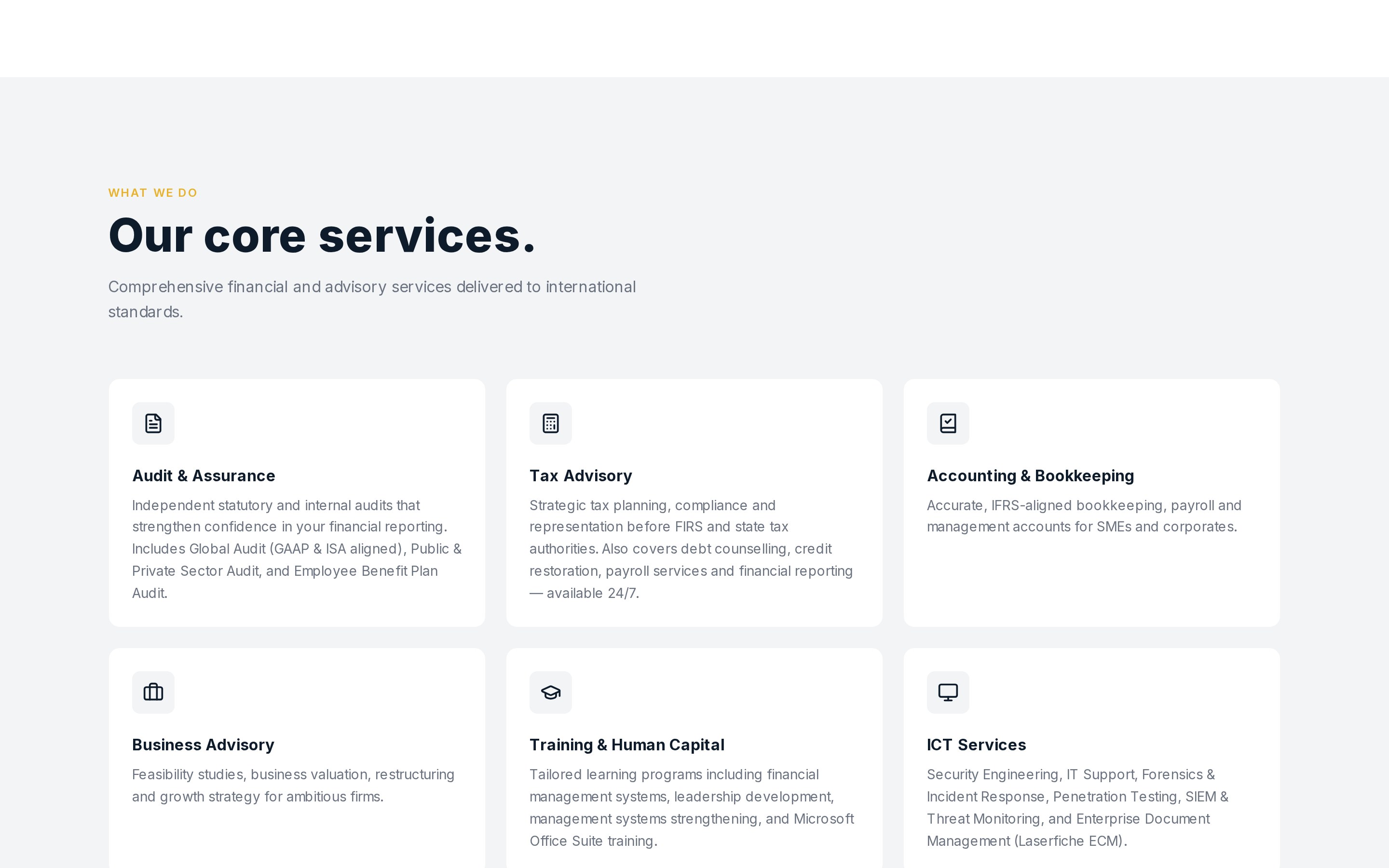 The services section of the live site showing the four structured service divisions